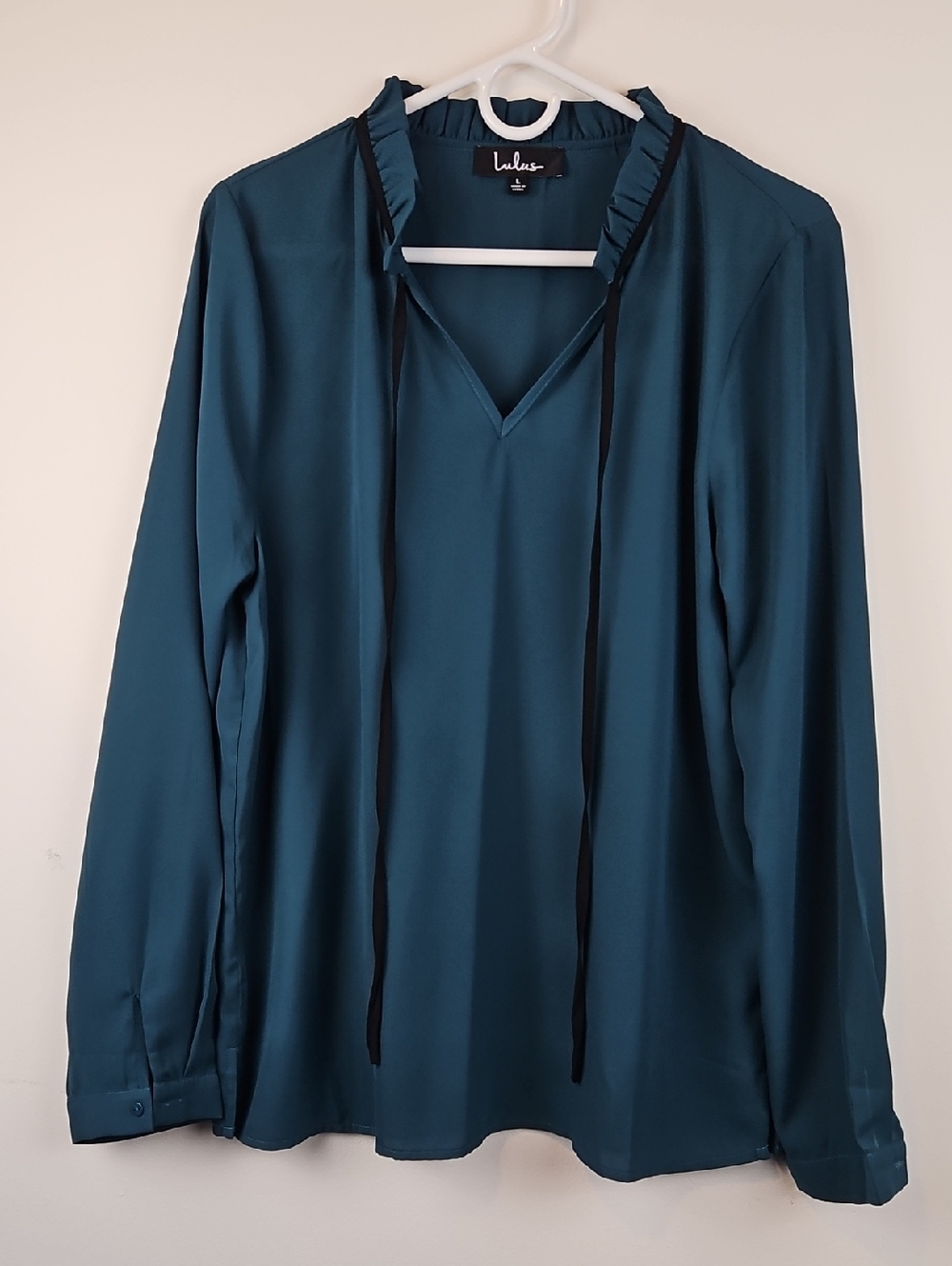 Lulu's Teal Ruffle Tie V-Neck Long-Sleeve Blouse Size Large